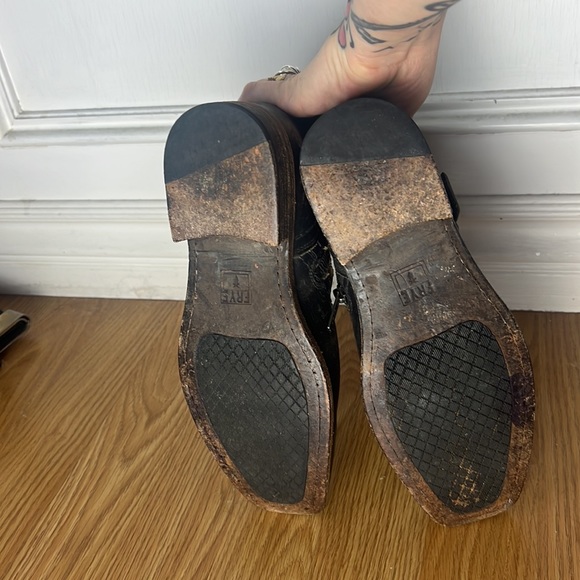 Frye Distressed Black Square Toe Moto Bootie Zip Up - Picture 6 of 7